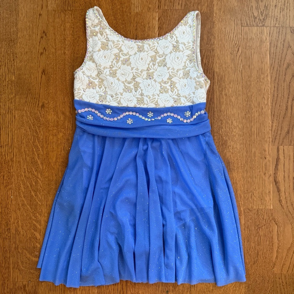 WEISSMAN Dance Skating Floral Blue Dress with Cryatal Stones Youth Child Large
